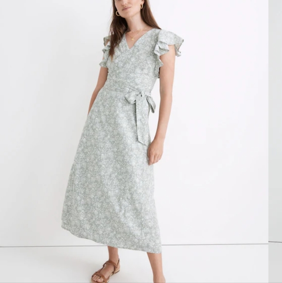 Madewell Dresses & Skirts - Madewell Linen Green Floral Wrap Dress Size Small